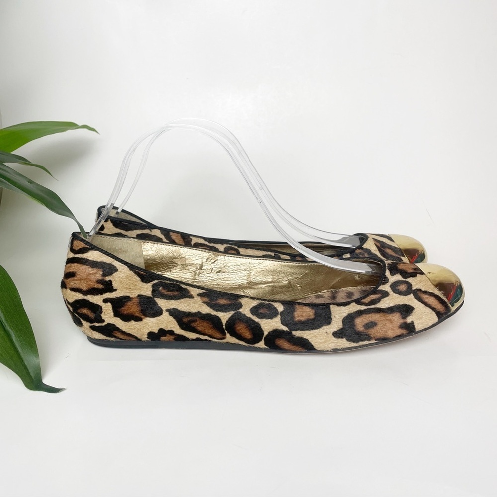 Sam Edelman “Jordie” 100% leather snow leopard gold tone toe cap ballet flat